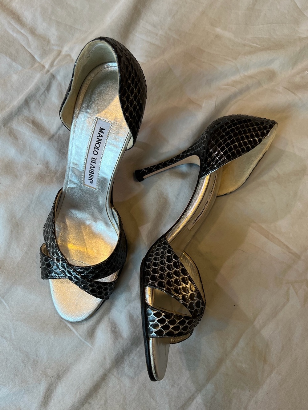 Manolo Blahnik Black & Silver Snakeskin Open-Toe D'Orsay Heels